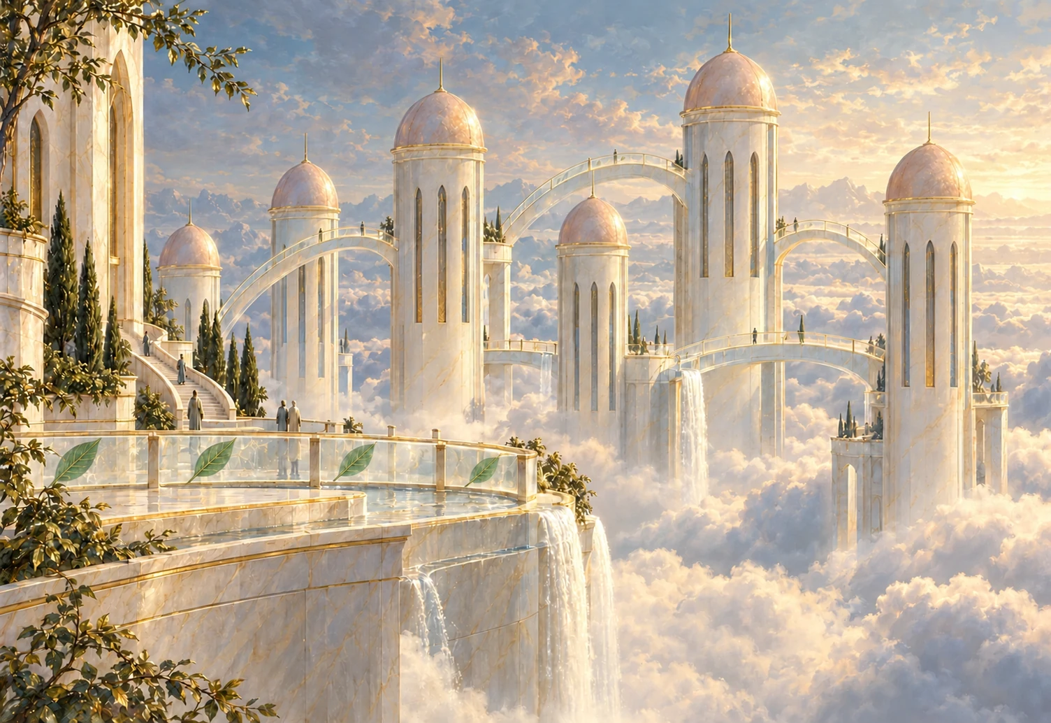 Atmosphärische Illustration mit hellen Türmen und Brücken über Wolken